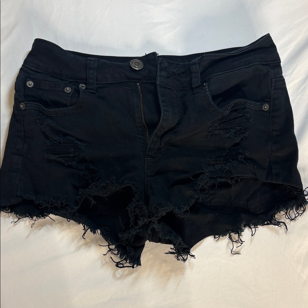 American Eagle Outfitters Black Distressed Frayed Hem Denim Shorts